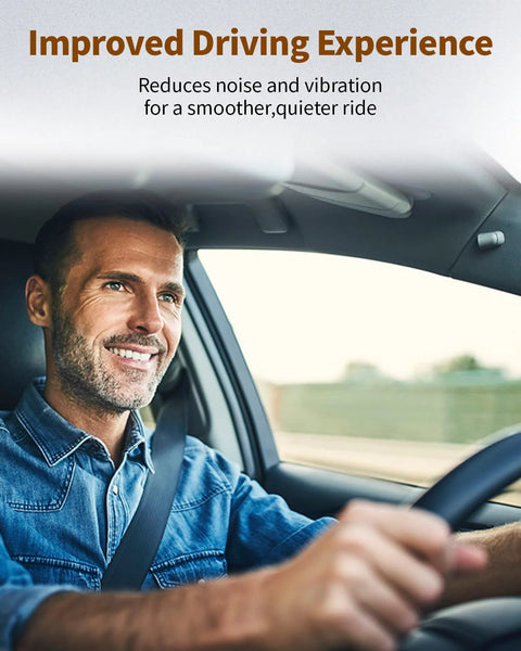 Smiling driver in car promoting improved driving experience with reduced noise and vibration for a smoother, quieter ride