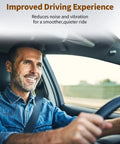 Man driving car with text 'Improved Driving Experience' highlighting noise reduction and smoother ride benefits.