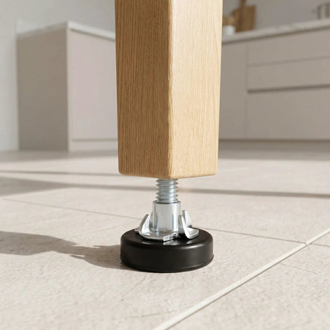 Close-up of furniture leg with Adjustable Furniture Leveling Feet Kit 12 Pcs With T Nuts And Anti Slip Pads 1/4 Inch Thread.