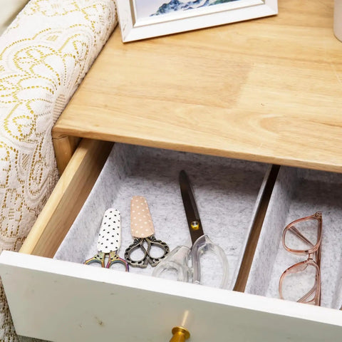 Customizable 8 Pack Felt Drawer Organizer Trays Set For Desk Drawers Shallow Modular Storage Bins In Light Gray With Scissors And Glasses