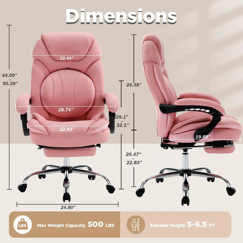 Comfy Reclining Office Chair With Footrest For Women, Wide Seat Big Tall Ergonomic Gaming Desk Chair, 500lb Plus Size Recliner, dimensions.