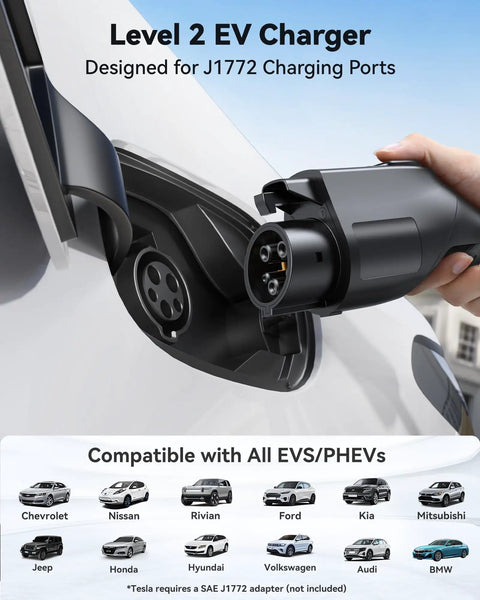 Level 2 Portable EV Charger 32A 7.68kW with 25 Foot Cable plugged into car charging port.