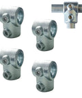 Four 3/4 inch galvanized pipe fittings single socket tee 90-degree connector for DIY projects like handrails and shelving