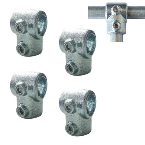 Four 3/4 inch galvanized pipe fittings single socket tee 90-degree connector for DIY projects like handrails and shelving