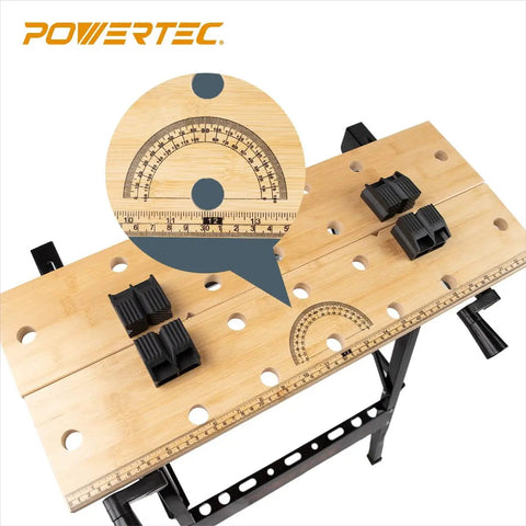 Portable Small Workbench With Vise And Ruler Protractor Scale, folding sawhorse worktable, bamboo top with bench dogs.