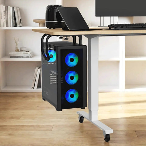 Heavy Duty Under Desk PC Mount Upgrade Your Battle Station With This Badass Adjustable CPU Bracket holding a black PC with RGB fans.