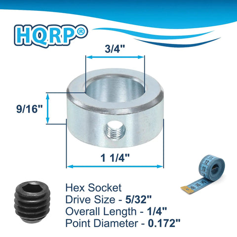Real Deal Four Pack Three Quarter Inch Bore Solid Steel Shaft Collars With Heavy Duty Zinc Coating And Reliable Cup Point Set Screws, shown with dimensions.