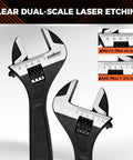 Close-up of Four Piece Adjustable Wrench Set With 6, 8, 10, 12 Inch Wide Jaw Spanners Black Oxide CRV Steel dual-scale etching