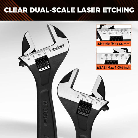 Close-up of Four Piece Adjustable Wrench Set With 6, 8, 10, 12 Inch Wide Jaw Spanners Black Oxide CRV Steel dual-scale etching