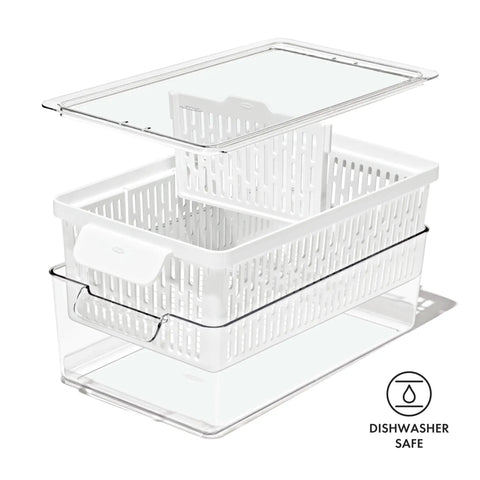 Produce Saver Bin With Adjustable Divider For Fresh Produce Storage In Fridge Medium White BPA Free Organizer.