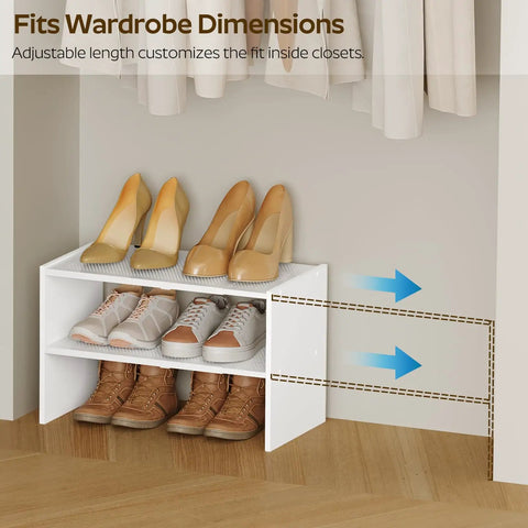 Expandable Shoe Rack Two Tier Adjustable Entryway Organizer Holds Up To Twelve Pairs Of Shoes For Small Spaces Space Saver, shown in closet with shoes.