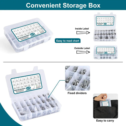 Open storage box of 1600 Pcs Metric Screw And Bolt Kit M2 M3 M4 M5 Stainless Steel with label and fixed dividers for DIY projects.