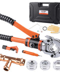Pro Press Copper Pipe Crimp Tool Kit With Three Dies For One Half Inch, Three Quarter Inch And One Inch PEX Plumbing Includes Copper Tube Cutter And Burr Tool For Leak Proof Water Heating And HVAC Installations displayed with case and accessories.