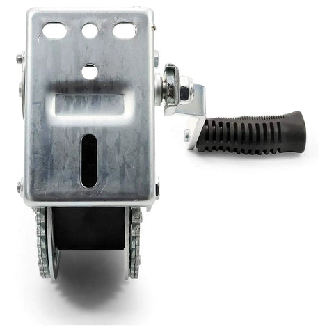 Beefy Steel Marine Towing Winch With 1,200-Pound Capacity And 20-Foot UV-Resistant Strap, front angle showing handle and gears.