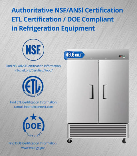 Top Tier Commercial Reach In Refrigerator Double Door Stainless Steel 49.6 Cubic Foot with NSF/ETL/DOE certifications displayed.