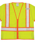 Mens Built Tough High Visibility Mesh Vest With Six Cargo Pockets And Secure Zipper Ansi Class Three Top Shelf Safety Wear For Construction Site Crews Or Warehouses In Loud Lime, front view with cargo pockets.