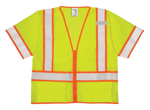 Mens Built Tough High Visibility Mesh Vest With Six Cargo Pockets And Secure Zipper Ansi Class Three Top Shelf Safety Wear For Construction Site Crews Or Warehouses In Loud Lime, front view with cargo pockets.