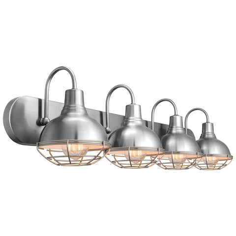 36-Inch 4-Light Modern Industrial Vanity Light With Metal Cage Shades In Brushed Nickel Finish For Bath And Powder Room, Rustic Farmhouse Vibe