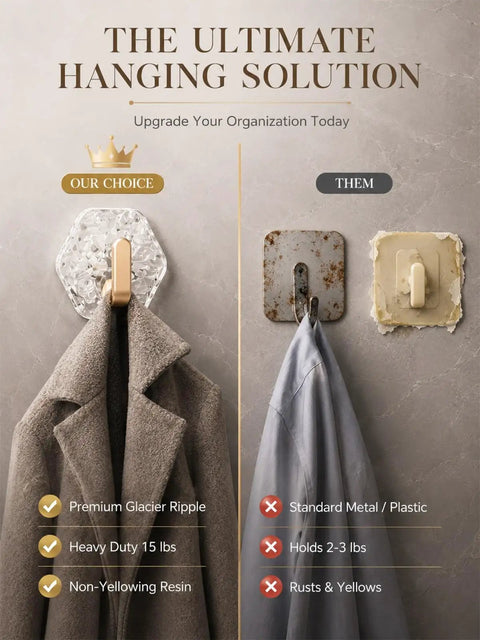 Heavy Duty Adhesive Wall Hooks With Rock Solid Grip, Hexagonal Ripple Texture built tough, showing comparison with different hooks.