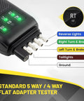 3 in 1 Trailer Plug Tester for 4 Pin Flat, 5 Pin Flat, and 7 Pin RV Connectors With Double Sided LED Indicators, 5 Way and 7 Way Trailer Light Tester, Fits Most Trucks, Not For Vehicles With Lamp Out Sensor. 5-way flat adapter tester showing LED pin labels