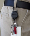 Sidekick ID Badge And Key Reel With 24 Inch Kevlar Cord attached to belt, Tough Polycarbonate Case, Zinc Alloy Carabiner