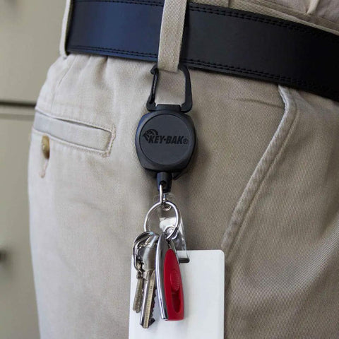 Sidekick ID Badge And Key Reel With 24 Inch Kevlar Cord attached to belt, Tough Polycarbonate Case, Zinc Alloy Carabiner