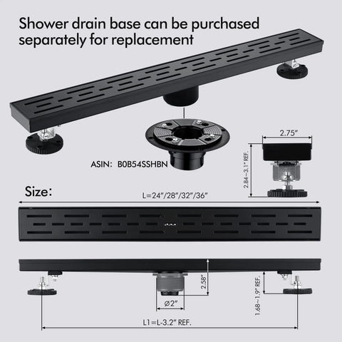 Technical diagram of 24 Inch Rectangular Matte Black Shower Drain With Removable Brickwork Pattern Grate Brushed 304 Stainless Steel