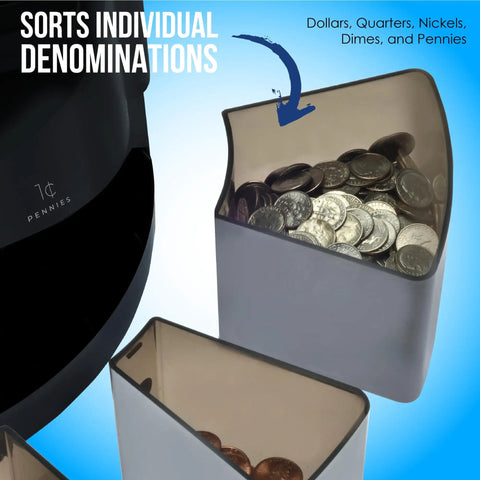 Smart S545 Pro Coin Counter Sorter And Wrapper For Busy Cash Joints shown sorting coins into denominations.