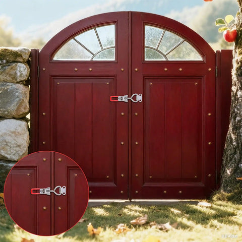 Red wooden gate with Stainless Steel Toggle Latches With Lock Holes Set Of Two Adjustable 304 Latch Clamps, outdoor setting