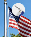 Badass Heavy Duty Swivel Flag Clips 4 Pack All Weather Zinc Alloy Snap Hooks holding American flag on pole in blue sky.