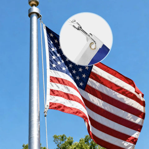 Badass Heavy Duty Swivel Flag Clips 4 Pack All Weather Zinc Alloy Snap Hooks holding American flag on pole in blue sky.