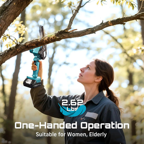 Person using Six Inch Cordless Mini Chainsaw With Two Batteries Portable Electric Chainsaw For Tree Trimming And Wood Cutting
