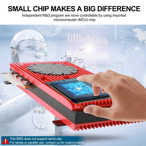 Hand interacting with LiFePO4 4S 12V 250A Smart BMS Board with balance leads, wireless module, and MCU chip in a tech lab.