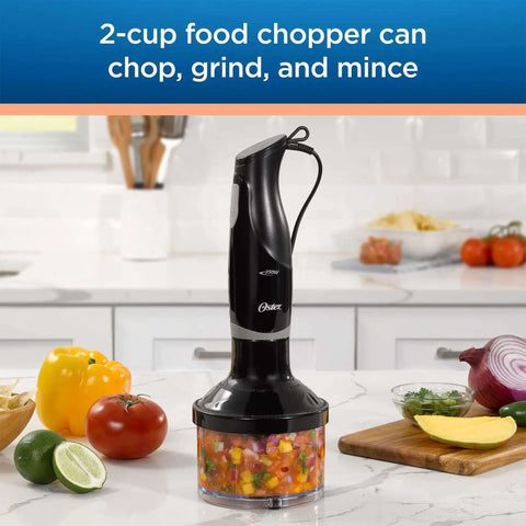 Top Shelf Kitchen Workhorse Featuring Durable Immersion Hand Blender Matched With Razor Sharp Electric Knife Alongside Agile 2 Cup Mini Food Vegetable Chopper For Dinner Domination In Versatile Black Package in kitchen with chopped veggies.