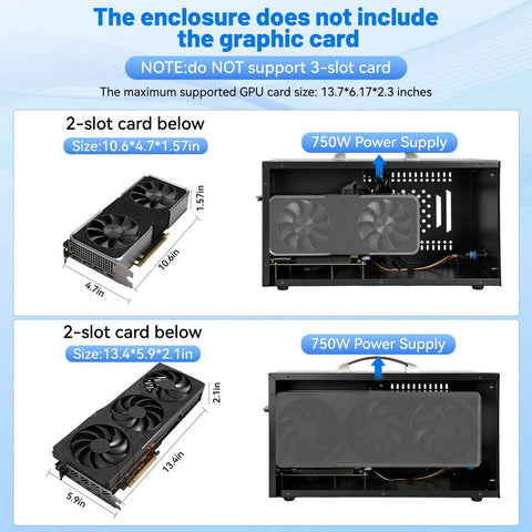 Beefy Thunderbolt 3 External Graphics Dock Paired With 750W Power Supply showing interior dimensions for 2-slot GPU cards.