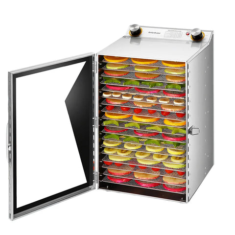 Heavy Duty Commercial Food Dehydrator Featuring 18 Slick Stainless Steel Trays Plus Adjustable 24 Hour Timer loaded with various fruits.