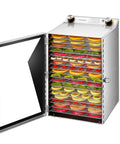 Backyard BBQ Pro Style Electric Food Dehydrator With 18 Spacious Stainless Trays filled with various dried fruits.