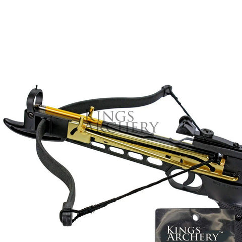 80 Pound Self Cocking Crossbow Bundle With Adjustable Sights, fiber glass bow and fast reload system close-up view.