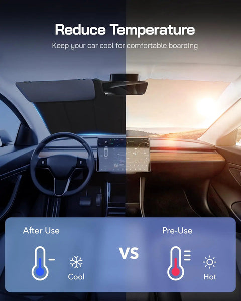Image comparing temperature differences in a car with Premium Windshield Sun Shade For Kia Niro And Niro EV 2023 to 2026 Gen 2.