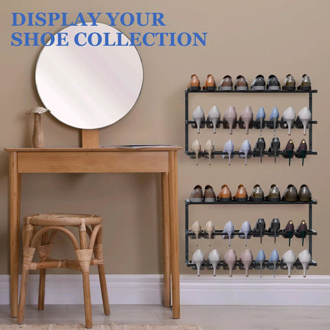 Two Pack Wall Mounted Shoe Rack Three Tier Hanging Setup Holds Twenty Four Pairs Adjustable Heavy Duty Rack Slick Storage Game Changer Clears Clutter Out Of Any Closet Black