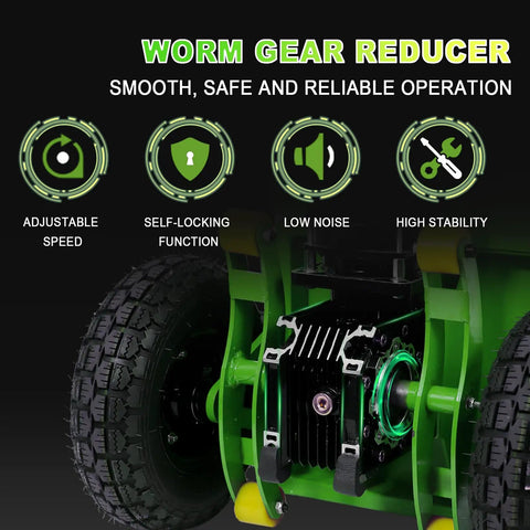 Heavy Duty Electric Stair Climbing Dolly With 900 Lb Capacity And 1500W Motor showing worm gear reducer features and wheels.