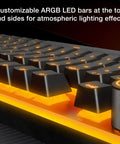 Close-up of Dead Silent Mechanical Keyboard Built For Smooth Keys With Factory Lube Switches And Double Shot Pbt Caps highlighting customizable ARGB LED bars.