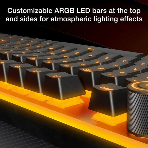 Close-up of Dead Silent Mechanical Keyboard Built For Smooth Keys With Factory Lube Switches And Double Shot Pbt Caps highlighting customizable ARGB LED bars.
