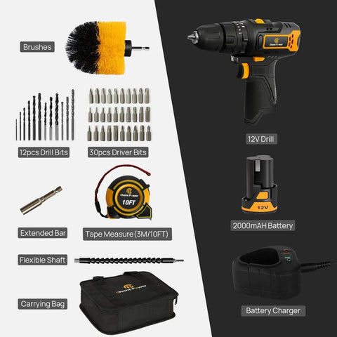 Beast Cordless Hammer Drill Kit 12V With Dual Speed Control, 21+1+1 Torque Settings, 3/8 Inch Keyless Chuck and bits shown