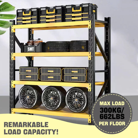 Heavy Duty Four Tier Steel Shelving Unit With 5000 Lb Capacity Adjustable Industrial Storage Rack For Garage Workshop And Warehouse Yellow And Black Metal Shelving For Max Organization And Easy Assembly