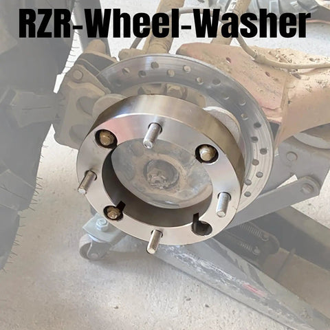 Close-up of Beefy 1 Inch Wheel Washers for 4x156mm Bolt Pattern with 3 eighth inch studs to 12mm wheels in use