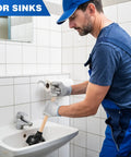 Man using Heavy Duty Wood Handle Black Toilet Plungers Bulk Pack of 10 to unclog a sink drain in a bathroom.