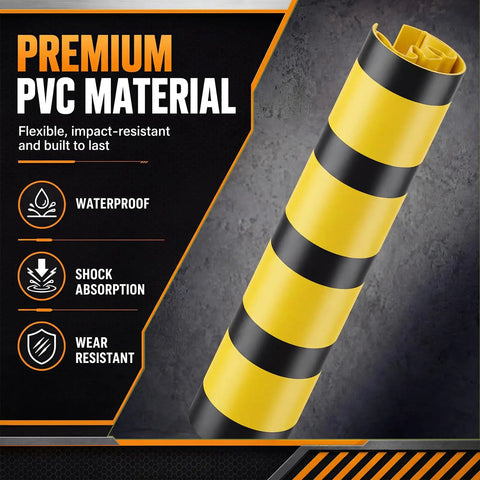 Heavy Duty Forklift Column Protectors Built Tough For Rough Warehouses, High Visibility PVC Rack Guards close-up showing waterproof yellow and black design.