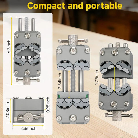 Upgraded Eight Jaw Mini Fractal Vise With 90Mm Wide Opening and Self Adjusting Jaws for Delicate Jewelry, compact dimensions on wooden background.