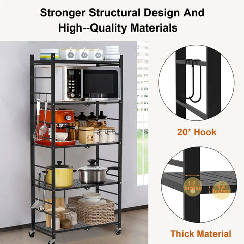 Slick Black Five Tier Foldable Storage Shelf With Casters And Twenty Hooks Quick Kitchen Pantry Cleanup No Fuss Assembly Solid Build For Tight Spaces And Daily Hauls